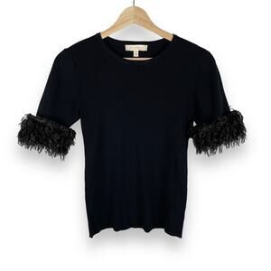 y2k Vintage Feather Cuff Ribbed Knit Top Black Size XS Short Sleeve Retro Glam